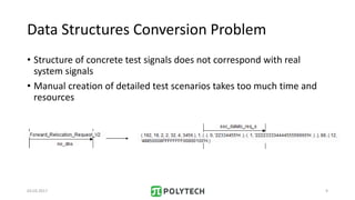 Data Structures Conversion Problem
• Structure of concrete test signals does not correspond with real
system signals
• Manual creation of detailed test scenarios takes too much time and
resources
03.03.2017 9
 