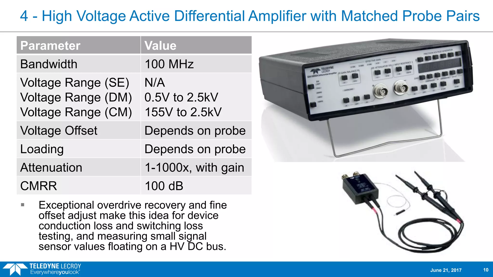 4 - High Voltage Active Differential Amplifier with Matched Probe Pairs
 Exceptional overdrive recovery and fine
offset adjust make this idea for device
conduction loss and switching loss
testing, and measuring small signal
sensor values floating on a HV DC bus.
Parameter Value
Bandwidth 100 MHz
Voltage Range (SE)
Voltage Range (DM)
Voltage Range (CM)
N/A
0.5V to 2.5kV
155V to 2.5kV
Voltage Offset Depends on probe
Loading Depends on probe
Attenuation 1-1000x, with gain
CMRR 100 dB
June 21, 2017 10
 