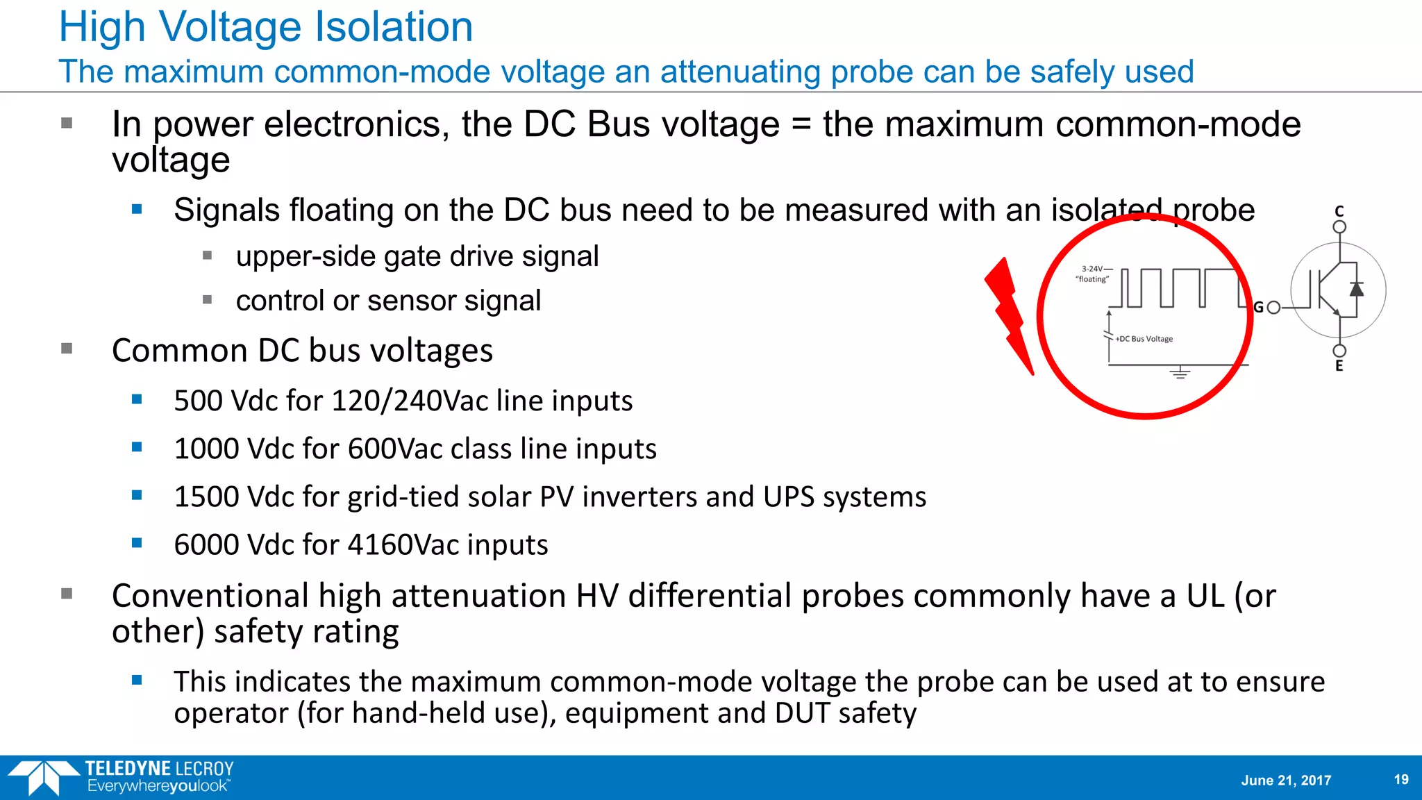 High Voltage Isolation
The maximum common-mode voltage an attenuating probe can be safely used
 In power electronics, the DC Bus voltage = the maximum common-mode
voltage
 Signals floating on the DC bus need to be measured with an isolated probe
 upper-side gate drive signal
 control or sensor signal
 Common DC bus voltages
 500 Vdc for 120/240Vac line inputs
 1000 Vdc for 600Vac class line inputs
 1500 Vdc for grid-tied solar PV inverters and UPS systems
 6000 Vdc for 4160Vac inputs
 Conventional high attenuation HV differential probes commonly have a UL (or
other) safety rating
 This indicates the maximum common-mode voltage the probe can be used at to ensure
operator (for hand-held use), equipment and DUT safety
June 21, 2017 19
 