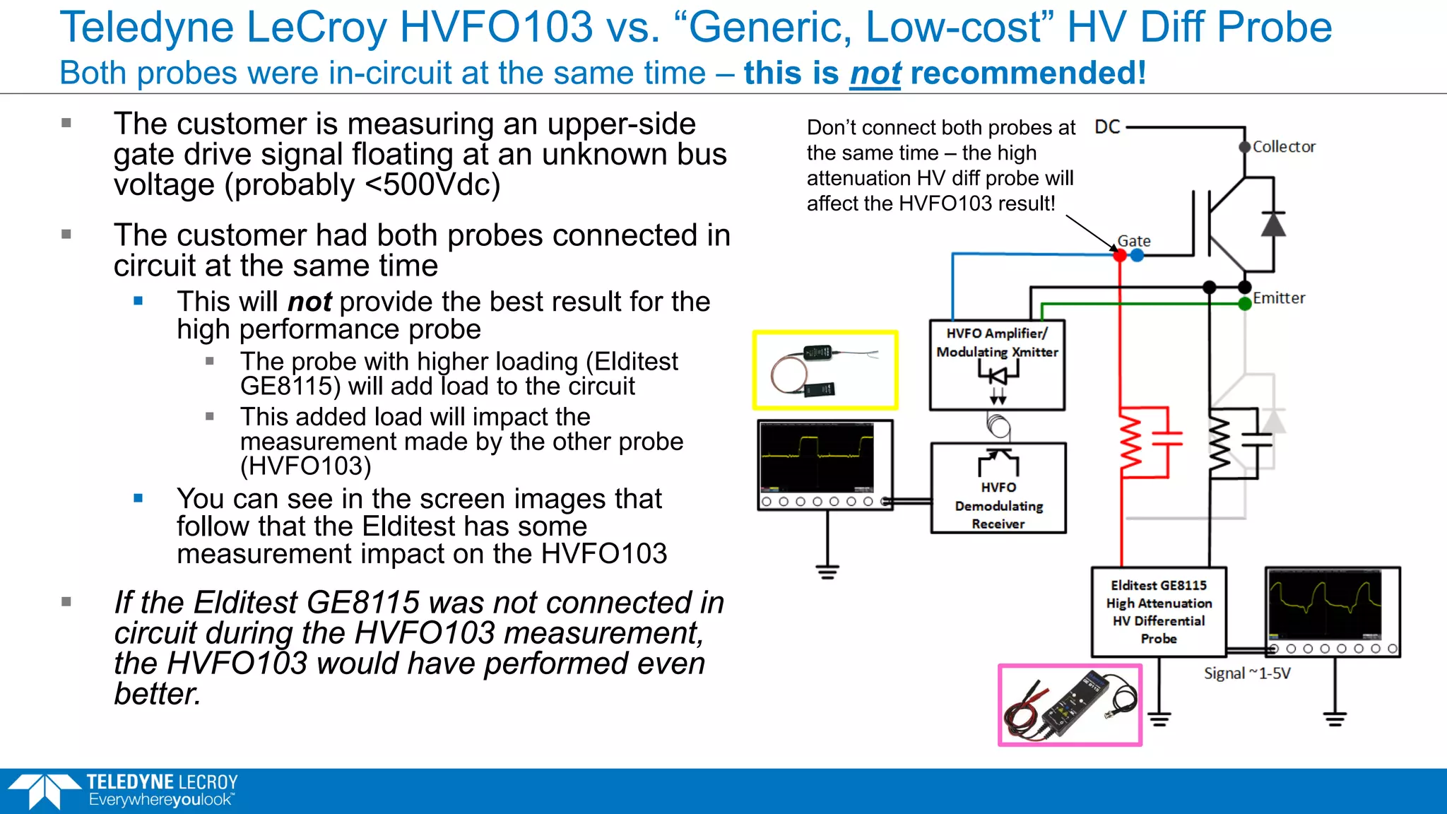 Teledyne LeCroy HVFO103 vs. “Generic, Low-cost” HV Diff Probe
Both probes were in-circuit at the same time – this is not recommended!
 The customer is measuring an upper-side
gate drive signal floating at an unknown bus
voltage (probably <500Vdc)
 The customer had both probes connected in
circuit at the same time
 This will not provide the best result for the
high performance probe
 The probe with higher loading (Elditest
GE8115) will add load to the circuit
 This added load will impact the
measurement made by the other probe
(HVFO103)
 You can see in the screen images that
follow that the Elditest has some
measurement impact on the HVFO103
 If the Elditest GE8115 was not connected in
circuit during the HVFO103 measurement,
the HVFO103 would have performed even
better.
Don’t connect both probes at
the same time – the high
attenuation HV diff probe will
affect the HVFO103 result!
 