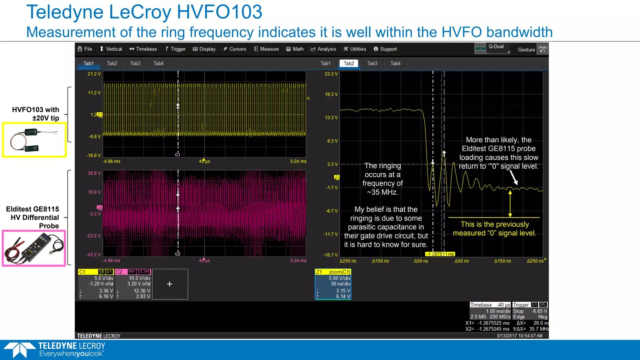 Teledyne LeCroy HVFO103
Measurement of the ring frequency indicates it is well within the HVFO bandwidth
The ringing
occurs at a
frequency of
~35 MHz.
My belief is that the
ringing is due to some
parasitic capacitance in
their gate drive circuit, but
it is hard to know for sure.
More than likely, the
Elditest GE8115 probe
loading causes this slow
return to ‘”0” signal level.
This is the previously
measured “0” signal level.
HVFO103 with
±20V tip
Elditest GE8115
HV Differential
Probe
 