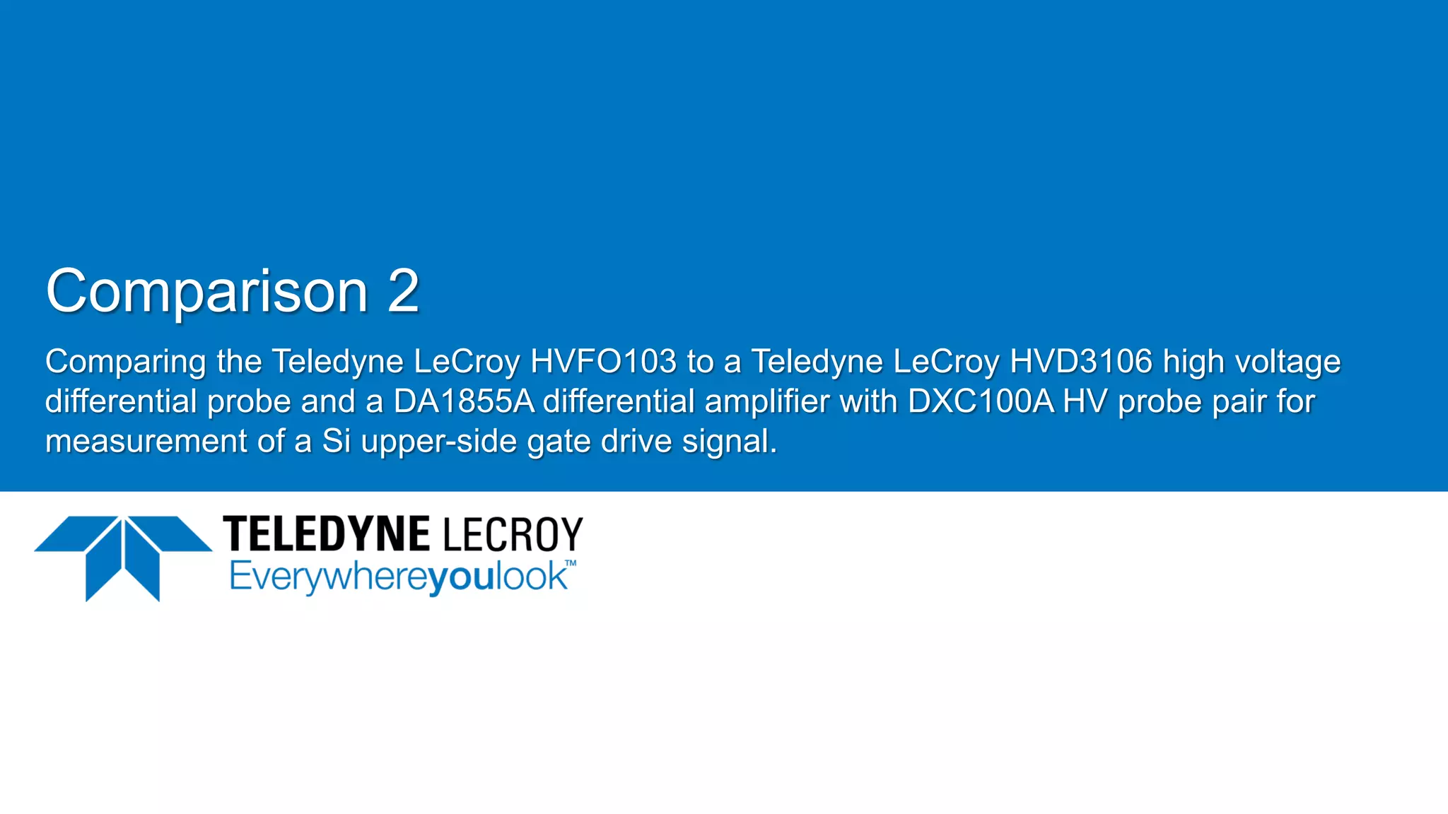 Comparison 2
Comparing the Teledyne LeCroy HVFO103 to a Teledyne LeCroy HVD3106 high voltage
differential probe and a DA1855A differential amplifier with DXC100A HV probe pair for
measurement of a Si upper-side gate drive signal.
June 21, 2017 44
 