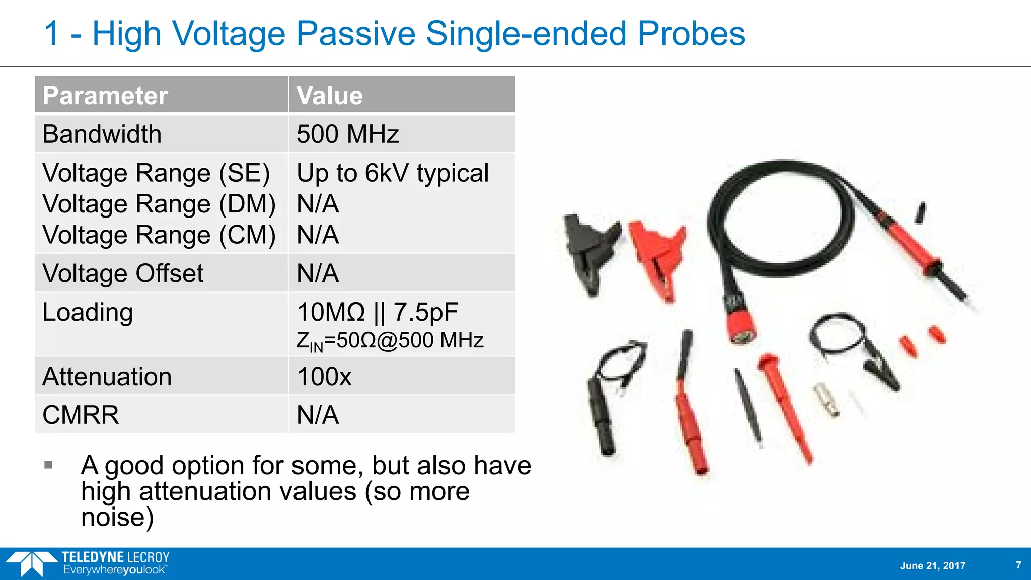 1 - High Voltage Passive Single-ended Probes
Parameter Value
Bandwidth 500 MHz
Voltage Range (SE)
Voltage Range (DM)
Voltage Range (CM)
Up to 6kV typical
N/A
N/A
Voltage Offset N/A
Loading 10MΩ || 7.5pF
ZIN=50Ω@500 MHz
Attenuation 100x
CMRR N/A
 A good option for some, but also have
high attenuation values (so more
noise)
June 21, 2017 7
 