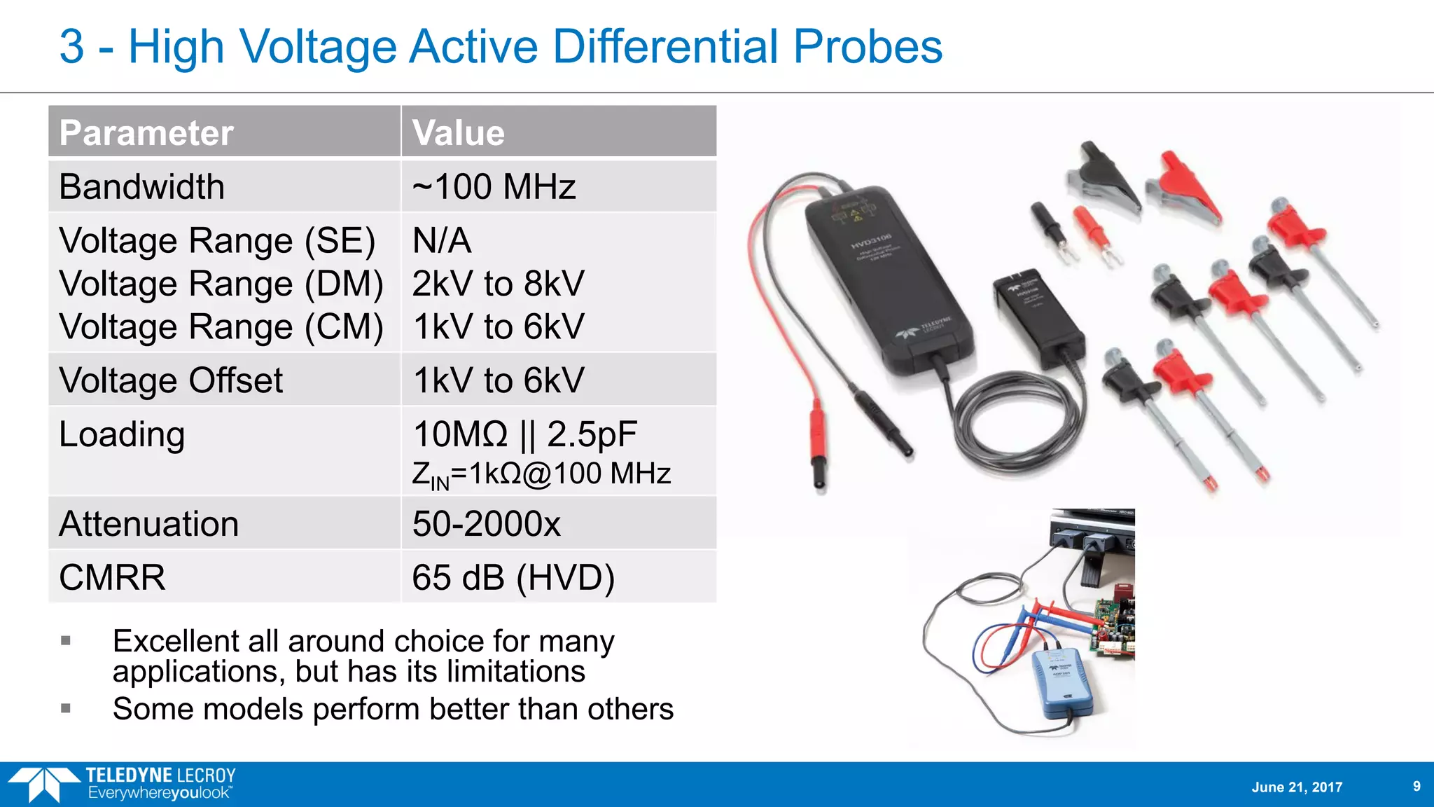 3 - High Voltage Active Differential Probes
 Excellent all around choice for many
applications, but has its limitations
 Some models perform better than others
Parameter Value
Bandwidth ~100 MHz
Voltage Range (SE)
Voltage Range (DM)
Voltage Range (CM)
N/A
2kV to 8kV
1kV to 6kV
Voltage Offset 1kV to 6kV
Loading 10MΩ || 2.5pF
ZIN=1kΩ@100 MHz
Attenuation 50-2000x
CMRR 65 dB (HVD)
June 21, 2017 9
 