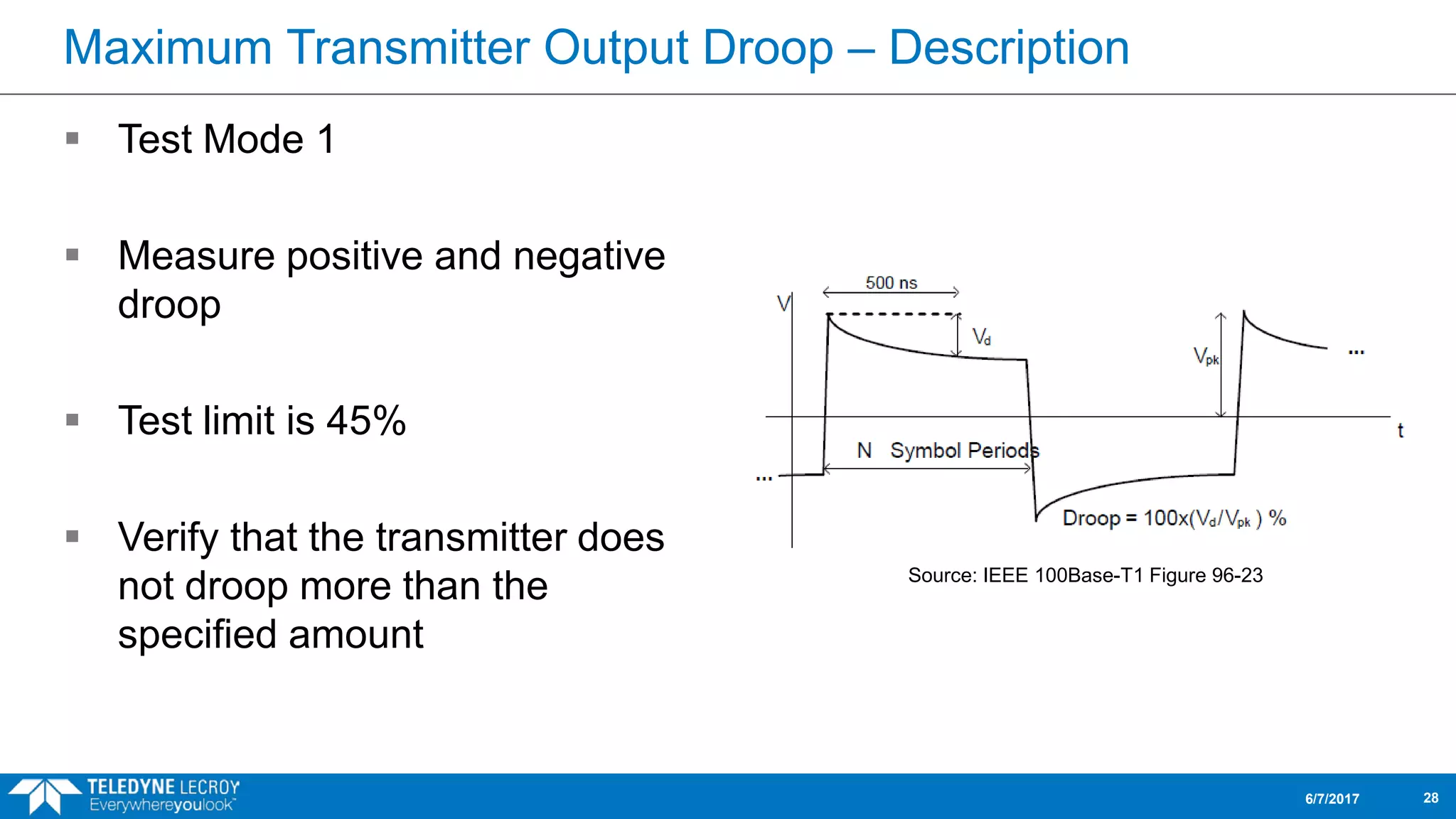 Maximum Transmitter Output Droop – Description
 Test Mode 1
 Measure positive and negative
droop
 Test limit is 45%
 Verify that the transmitter does
not droop more than the
specified amount
6/7/2017 28
Source: IEEE 100Base-T1 Figure 96-23
 
