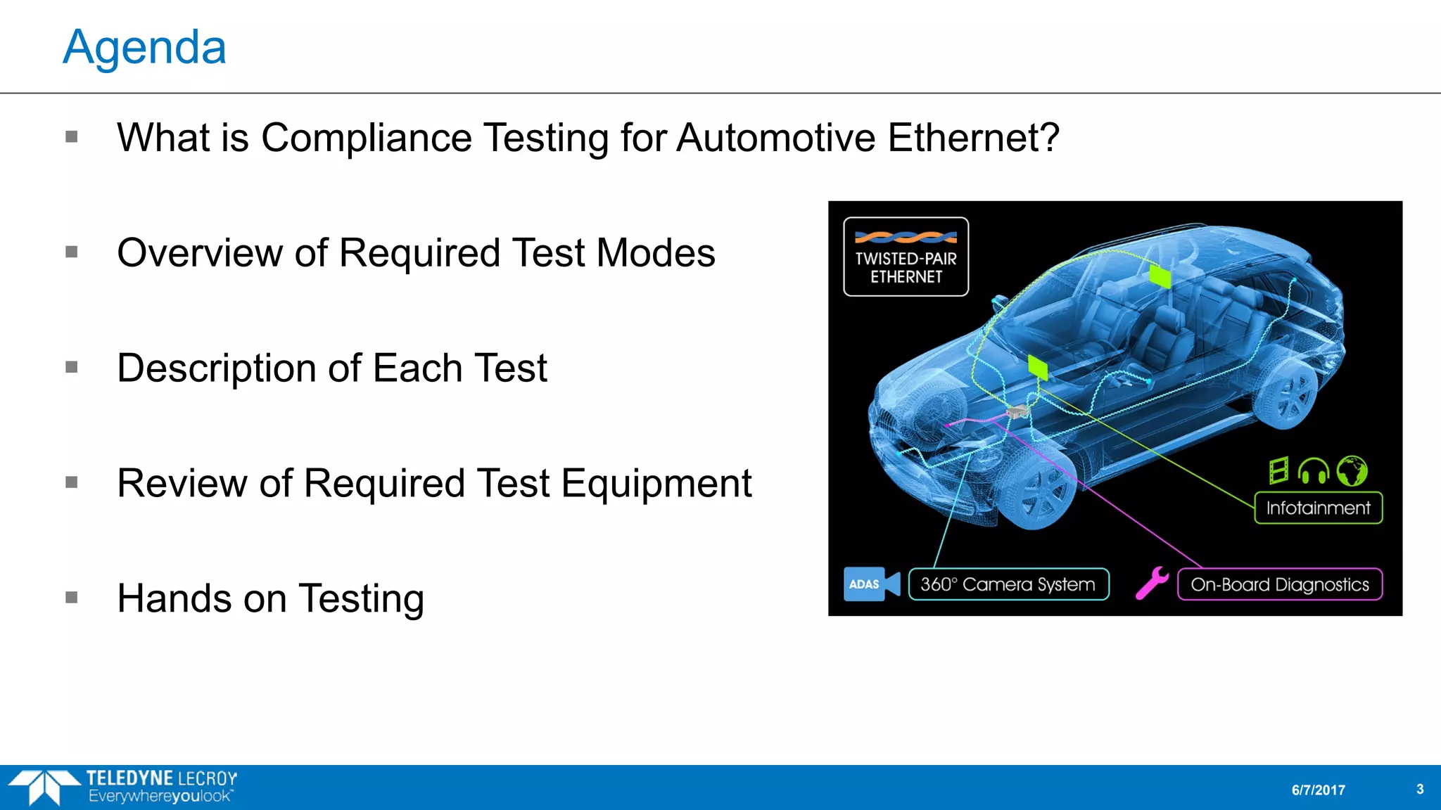 Agenda
 What is Compliance Testing for Automotive Ethernet?
 Overview of Required Test Modes
 Description of Each Test
 Review of Required Test Equipment
 Hands on Testing
6/7/2017 3
 