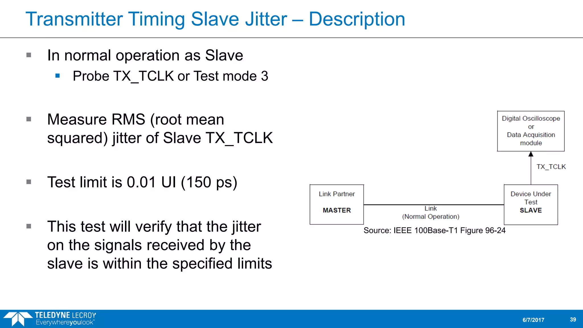 Transmitter Timing Slave Jitter – Description
 In normal operation as Slave
 Probe TX_TCLK or Test mode 3
 Measure RMS (root mean
squared) jitter of Slave TX_TCLK
 Test limit is 0.01 UI (150 ps)
 This test will verify that the jitter
on the signals received by the
slave is within the specified limits
6/7/2017 39
Source: IEEE 100Base-T1 Figure 96-24
 