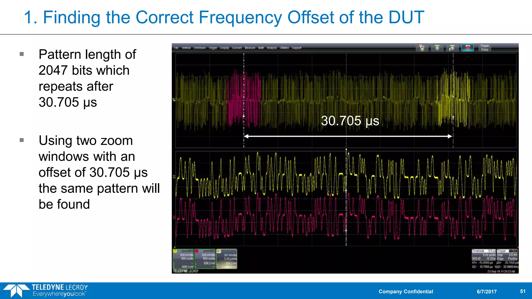 1. Finding the Correct Frequency Offset of the DUT
 Pattern length of
2047 bits which
repeats after
30.705 μs
 Using two zoom
windows with an
offset of 30.705 μs
the same pattern will
be found
6/7/2017Company Confidential 51
30.705 μs
 