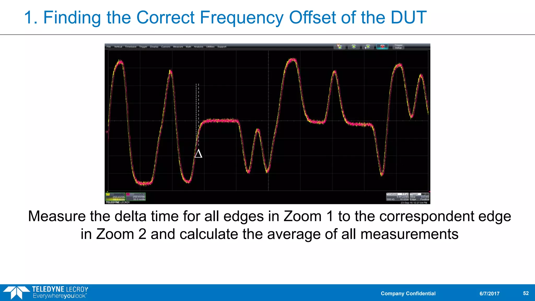 1. Finding the Correct Frequency Offset of the DUT
Measure the delta time for all edges in Zoom 1 to the correspondent edge
in Zoom 2 and calculate the average of all measurements
6/7/2017Company Confidential 52
∆ ∆
 