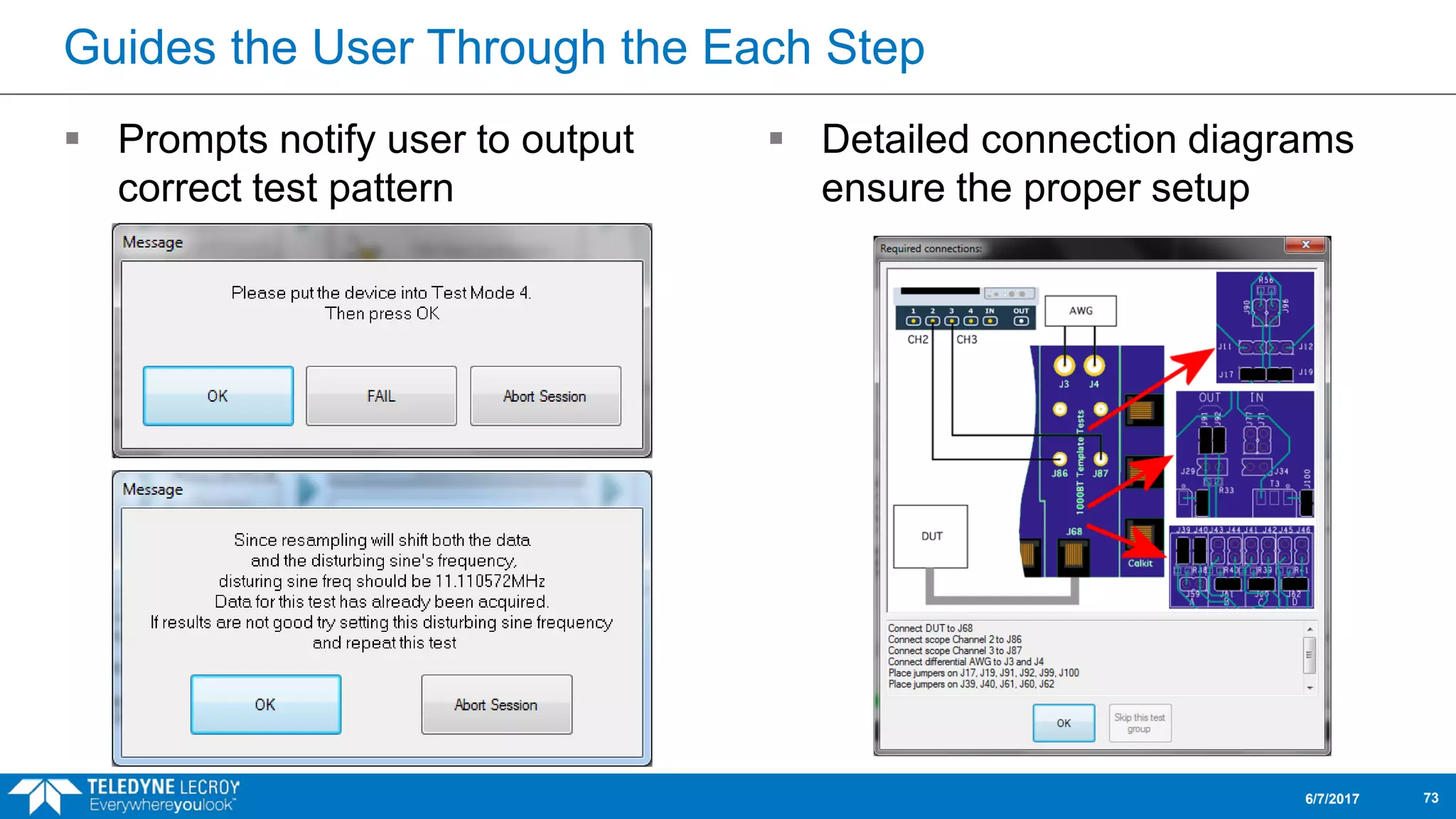 Guides the User Through the Each Step
 Prompts notify user to output
correct test pattern
6/7/2017 73
 Detailed connection diagrams
ensure the proper setup
 