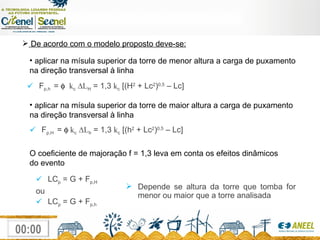 LC p  = G + F p,H ou LC p  = G + F p,h Depende se altura da torre que tomba for menor ou maior que a torre analisada F p,h  =     k c   ∆L H  = 1,3  k c  [(H 2  + Lc 2 ) 0,5  – Lc] F p,H  =    k c   ∆L h  = 1,3  k c  [(h 2  + Lc 2 ) 0,5  – Lc] De acordo com o modelo proposto deve-se: aplicar na mísula superior da torre de menor altura a carga de puxamento na direção transversal à linha aplicar na mísula superior da torre de maior altura a carga de puxamento na direção transversal à linha O coeficiente de majoração f = 1,3 leva em conta os efeitos dinâmicos do evento 