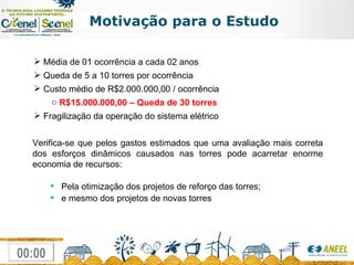Motivação para o Estudo Média de 01 ocorrência a cada 02 anos Queda de 5 a 10 torres por ocorrência Custo médio de R$2.000.000,00 / ocorrência R$15.000.000,00 – Queda de 30 torres Fragilização da operação do sistema elétrico Verifica-se que pelos gastos estimados que uma avaliação mais correta dos esforços dinâmicos causados nas torres pode acarretar enorme economia de recursos : Pela otimização dos projetos de reforço das torres; e mesmo dos projetos de novas torres 