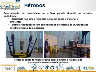 MÉTODOS  Determinação da quantidade de ozônio gerado durante os ensaios periódicos: Realizado nas cinco regionais da Copel sobre o material e ambiente; Destes resultados foram determinados os valores de O 3  usados no envelhecimento dos materiais. Pontos de coleta do nível de ozônio gerado durante a realização de ensaio periódico no material e ambiente 