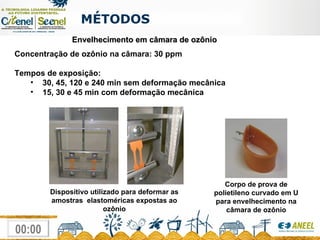 MÉTODOS  Envelhecimento em câmara de ozônio Concentração de ozônio na câmara: 30 ppm Tempos de exposição:  30, 45, 120 e 240 min sem deformação mecânica 15, 30 e 45 min com deformação mecânica  Dispositivo utilizado para deformar as amostras  elastoméricas expostas ao ozônio Corpo de prova de polietileno curvado em U para envelhecimento na câmara de ozônio 