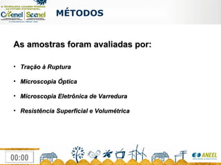 MÉTODOS  As amostras foram avaliadas por:  Tração à Ruptura Microscopia Óptica Microscopia Eletrônica de Varredura Resistência  Superficial e  Volumétrica 