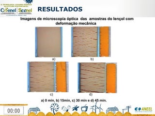 RESULTADOS  a) 0 min, b) 15min, c) 30 min e d) 45 min.   a)  b)  c)  d) Imagens de microscopia óptica  das  amostras do lençol com deformação mecânica   