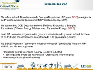 Exemplo dos USA Na esfera federal: Departamento de Energia (Department of Energy,  DOE ) e a Agência  de Proteção Ambiental (Environmental Protection Agency, EPA). Na estrutura do DOE: Departamento de Eficiência Energética e Energias Renováveis (Office of Energy Efficiency and Renewable Energy,  EERE )  Nos USA, além dos programas dos governos estaduais e do governo federal, também há os PEE das concessionárias de eletricidade e de gás natural (Utilities)  No EERE: Programa Tecnológico Industrial (Industrial Technologies Program, ITP) dividido em três subprogramas:  Indústrias energo-intensivas (Energy Intensive Industry) Tecnologias de amplo uso na indústria (Crosscutting Technologies)  Melhores práticas (Best Practices)  