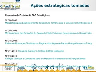 Chamadas de Projetos de P&D Estratégicos: Nº 008/2008:  Metodologia para Estabelecimento de Estrutura Tarifária para o Serviço de Distribuição de Energia Elétrica   Nº 009/2008:  Monitoramento das Emissões de Gases de Efeito Estufa em Reservatórios de Usinas Hidrelétricas   Nº 010/2008:  Efeitos de Mudanças Climáticas no Regime Hidrológico de Bacias Hidrográficas e na Energia Assegurada de Aproveitamentos Hidrelétricos   Nº 011/2010:  Programa Brasileiro de Rede Elétrica Inteligente Nº 012/2010:  Arranjos Técnicos e Comerciais para um Mercado Sul-americano de Energia Elétrica   Nº 013/2010:  Arranjos Técnicos e Comerciais para Inserção da Geração Solar Fotovoltaica na Matriz Energética Brasileira”   Ações estratégicas tomadas 