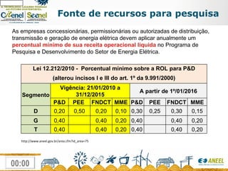 Fonte de recursos para pesquisa As empresas concessionárias, permissionárias ou autorizadas de distribuição, transmissão e geração de energia elétrica devem aplicar anualmente um  percentual mínimo de sua receita operacional líquida  no Programa de Pesquisa e Desenvolvimento do Setor de Energia Elétrica. Lei 12.212/2010 -  Porcentual mínimo sobre a ROL para P&D (alterou incisos I e III do art. 1º da 9.991/2000) Segmento Vigência: 21/01/2010 a 31/12/2015 A partir de 1º/01/2016 P&D PEE   FNDCT MME P&D PEE FNDCT MME D 0,20 0,50 0,20 0,10 0,30 0,25 0,30 0,15 G 0,40   0,40 0,20 0,40   0,40 0,20 T 0,40   0,40 0,20 0,40   0,40 0,20 http://www.aneel.gov.br/area.cfm?id_area=75 