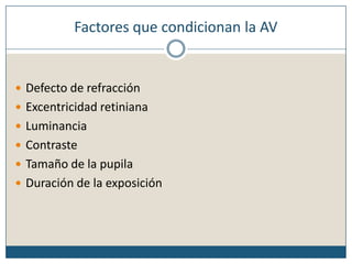 Factores que condicionan la AVDefecto de refracciónExcentricidad retinianaLuminanciaContrasteTamaño de la pupilaDuración de la exposición