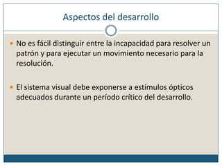 Aspectos del desarrolloNo es fácil distinguir entre la incapacidad para resolver un patrón y para ejecutar un movimiento necesario para la resolución. El sistema visual debe exponerse a estímulos ópticos adecuados durante un período crítico del desarrollo.
