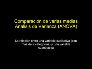Comparación de varias medias Análisis de Varianza (ANOVA) La relación entre una variable cualitativa (con más de 2 categorías) y una variable cuantitativa 