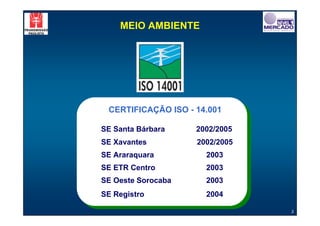 MEIO AMBIENTE




 CERTIFICAÇÃO ISO - 14.001

SE Santa Bárbara    2002/2005
SE Xavantes         2002/2005
SE Araraquara         2003
SE ETR Centro         2003
SE Oeste Sorocaba     2003
SE Registro           2004

                                3
 