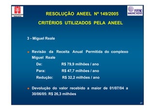 RESOLUÇÃO ANEEL Nº 149/2005

       CRITÉRIOS UTILIZADOS PELA ANEEL


3 - Miguel Reale


#   Revisão da Receita Anual Permitida do complexo
    Miguel Reale
      De:           R$ 79,9 milhões / ano
      Para:         R$ 47,7 milhões / ano
      Redução:       R$ 32,2 milhões / ano

#   Devolução do valor recebido a maior de 01/07/04 a
    30/06/05: R$ 26,3 milhões

                                                        37
 