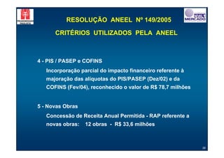 RESOLUÇÃO ANEEL Nº 149/2005

      CRITÉRIOS UTILIZADOS PELA ANEEL



4 - PIS / PASEP e COFINS
   Incorporação parcial do impacto financeiro referente à
   majoração das alíquotas do PIS/PASEP (Dez/02) e da
   COFINS (Fev/04), reconhecido o valor de R$ 78,7 milhões


5 - Novas Obras
   Concessão de Receita Anual Permitida - RAP referente a
   novas obras:   12 obras - R$ 33,6 milhões



                                                             38
 