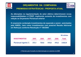 ORÇAMENTOS DA COMPANHIA
      PREMISSAS ESTRATÉGICAS - PROPOSTA ATUAL

As alterações na regulamentação do setor elétrico determinaram novas
responsabilidades à CTEEP, implicando aumento de investimentos com
relação ao Orçamento Plurianual anterior

O orçamento contempla investimentos de expansão a serem autorizados
pela ANEEL, bem como investimentos com possível Receita Adicional
em Reforços conforme Resolução nº 158/2005



                                                                             R$ milhões

   INVESTIMENTOS              2005         2006       2007        2008        Total

   Plurianual vigente (*)     373,1       725,0       515,6      410,2        2.023,9




            (*) Revisto pelo Conselho de Administração em setembro de 2005
                                                                                          61
 