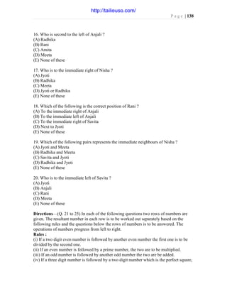 P a g e | 138
16. Who is second to the left of Anjali ?
(A) Radhika
(B) Rani
(C) Amita
(D) Meeta
(E) None of these
17. Who is to the immediate right of Nisha ?
(A) Jyoti
(B) Radhika
(C) Meeta
(D) Jyoti or Radhika
(E) None of these
18. Which of the following is the correct position of Rani ?
(A) To the immediate right of Anjali
(B) To the immediate left of Anjali
(C) To the immediate right of Savita
(D) Next to Jyoti
(E) None of these
19. Which of the following pairs represents the immediate neighbours of Nisha ?
(A) Jyoti and Meeta
(B) Radhika and Meeta
(C) Savita and Jyoti
(D) Radhika and Jyoti
(E) None of these
20. Who is to the immediate left of Savita ?
(A) Jyoti
(B) Anjali
(C) Rani
(D) Meeta
(E) None of these
Directions—(Q. 21 to 25) In each of the following questions two rows of numbers are
given. The resultant number in each row is to be worked out separately based on the
following rules and the questions below the rows of numbers is to be answered. The
operations of numbers progress from left to right.
Rules :
(i) If a two digit even number is followed by another even number the first one is to be
divided by the second one.
(ii) If an even number is followed by a prime number, the two are to be multiplied.
(iii) If an odd number is followed by another odd number the two are be added.
(iv) If a three digit number is followed by a two digit number which is the perfect square,
http://tailieuso.com/
 