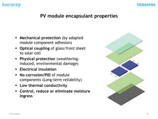 PV module encapsulant properties
5/27/2014 13
 Mechanical protection (by adapted
module component adhesion)
 Optical coupling of glass/front sheet
to solar cell
 Physical protection (weathering-
induced, environmental damage)
 Electrical insulation
 No corrosion/PID of module
components (Long-term reliability)
 Low thermal conductivity
 Control, reduce or eliminate moisture
ingress
 