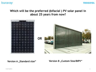 Which will be the preferred (bifacial ) PV solar panel in
about 25 years from now?
5/27/2014 3
Version A „Standard size“
OR
Version B „Custom Size/BIPV“
 