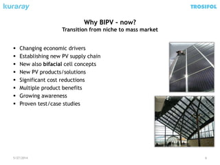 Why BIPV – now?
Transition from niche to mass market
 Changing economic drivers
 Establishing new PV supply chain
 New also bifacial cell concepts
 New PV products/solutions
 Significant cost reductions
 Multiple product benefits
 Growing awareness
 Proven test/case studies
5/27/2014 6
 