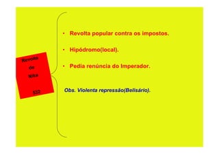• Revolta popular contra os impostos.

           • Hipódromo(local).
      ta
Revol
   de      • Pedia renúncia do Imperador.
   Nika


     532
           Obs. Violenta repressão(Belisário).
 