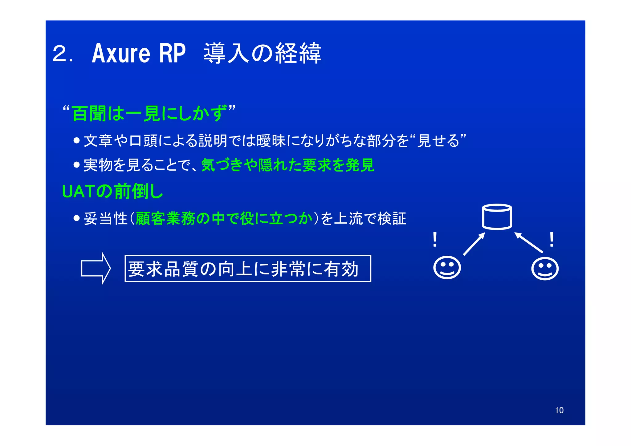 ２． Axure RP 導入の経緯

“百聞は一見にしかず”
  文章や口頭による説明では曖昧になりがちな部分を“見せる”
  実物を見ることで、気づきや隠れた要求を発見
UATの前倒し
  妥当性（顧客業務の中で役に立つか）を上流で検証
                            ！    ！
     要求品質の向上に非常に有効




                                 10
 