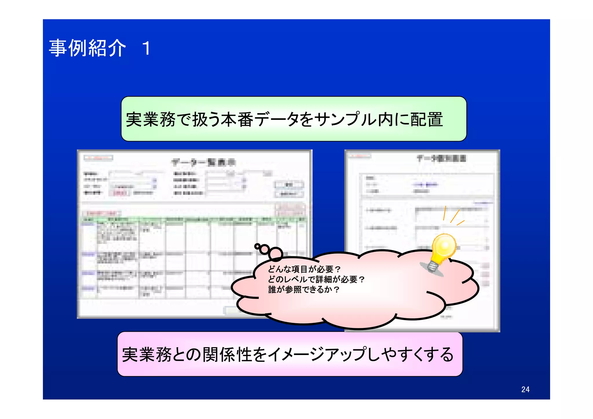 事例紹介 １


    実業務で扱う本番データをサンプル内に配置
    実業務で扱う本番デ タをサンプル内に配置




             どんな項目が必要？
             どのレベルで詳細が必要？
             誰が参照できるか？




    実業務との関係性をイメージアップしやすくする
    実業務との関係性をイメ ジアップしやすくする
                             24
 