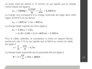 17
Le poids total est estimé à 12 tonnes ce qui signiﬁe que la charge
morte linéaire est égale à:
La charge vive correspond à la charge maximale de neige dans cette
région (3 kN/m2) ce qui donne:
La charge totale majorée est donc égale à:
Pour le câble caténaire, le concepteur a choisi un rapport ﬂèche/
portée (s/L) de 1/10 ce qui signiﬁe que la ﬂèche au centre du câble
est égale à:
La charge totale supportée par la passerelle (W) est égale à:
 