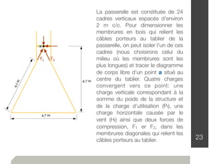 23
La passerelle est constituée de 24
cadres verticaux espacés d'environ
2 m c/c. Pour dimensionner les
membrures en bois qui relient les
câbles porteurs au tablier de la
passerelle, on peut isoler l'un de ces
cadres (nous choisirons celui du
milieu où les membrures sont les
plus longues) et tracer le diagramme
de corps libre d'un point a situé au
centre du tablier. Quatre charges
convergent vers ce point: une
charge verticale correspondant à la
somme du poids de la structure et
de la charge d’utilisation (Pf), une
charge horizontale causée par le
vent (Hf) ainsi que deux forces de
compression, F1 er F2, dans les
membrures diagonales qui relient les
câbles porteurs au tablier.
F1
F2
4,7 m
4,7 m
4,1m
a
 