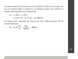 32
La charge morte de la structure (wD) est estimée à 5 kN/m et la charge vive
(wL) est toujours égale à 3 kN/m (i.e. la charge de neige à cet endroit). La
charge totale majorée (wF) est donnée par:
La charge totale supportée par chacun des deux câbles porteurs (W) se
calcule facilement:
 