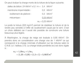 42
On peut évaluer la charge morte de la toiture de la façon suivante:
dalles de béton: 24 kN/m3 x 0,1 m = 	2,4 kN/m2
membrane imperméable :	 	 	 0,3 kN/m2
revêtement de plafond :	 	 	 0,3 kN/m2
mécanique :	 	 	 	 	 	 0,25 kN/m2
wD =	3,25 kN/m2
Le poids la toiture (325 kg/m2) permet de stabiliser la toiture et de la
rendre peu sensible à l'effet de soulèvement causé par le vent. C'est
un choix délibéré car il aurait été possible de construire une toiture
beaucoup plus légère.
À Washington, la charge de neige est évaluée à 0,95 kN/m2. On
prendra donc en considération une charge vive de 1 kN/m2 ce qui
correspond à la charge minimale d'utilisation sur les toitures selon le
C.N.B. (c.f. tableau 2.4). La charge totale pondérée (wF) est donc égale
à :
 