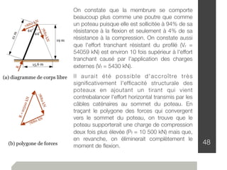 48
On constate que la membrure se comporte
beaucoup plus comme une poutre que comme
un poteau puisque elle est sollicitée à 94% de sa
résistance à la ﬂexion et seulement à 4% de sa
résistance à la compression. On constate aussi
que l'effort tranchant résistant du proﬁlé (Vr =
54059 kN) est environ 10 fois supérieur à l'effort
tranchant causé par l'application des charges
externes (Vf = 5430 kN).
Il aurait été possible d'accroître très
signiﬁcativement l'efﬁcacité structurale des
poteaux en ajoutant un tirant qui vient
contrebalancer l'effort horizontal transmis par les
câbles caténaires au sommet du poteau. En
traçant le polygone des forces qui convergent
vers le sommet du poteau, on trouve que le
poteau supporterait une charge de compression
deux fois plus élevée (Pf = 10 500 kN) mais que,
en revanche, on éliminerait complètement le
moment de ﬂexion.
 