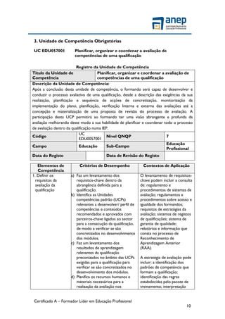 Certificado A – Formador Líder em Educação Profissional
10
3. Unidade de Competência Obrigatórias
UC EDU057001 Planificar, organizar e coordenar a avaliação de
competências de uma qualificação
Registro da Unidade de Competência
Título da Unidade de
Competência
Planificar, organizar e coordenar a avaliação de
competências de uma qualificação
Descrição da Unidade de Competência:
Após a conclusão desta unidade de competência, o formando será capaz de desenvolver e
conduzir o processo avaliativo de uma qualificação, desde a descrição das exigências da sua
realização, planificação e sequência de acções de concretização, monitorização da
implementação do plano, planificação, verificação Interna e externa das avaliações até a
concepção e materialização de uma proposta de revisão do processo de avaliação. A
participação desta UCP permitirá ao formando ter uma visão abrangente e profunda da
avaliação melhorando deste modo a sua habilidade de planificar e coordenar todo o processo
de avaliação dentro da qualificação numa IEP.
Código
UC
EDU0057001
Nível QNQP 7
Campo Educação Sub-Campo
Educação
Profissional
Data do Registo Data de Revisão do Registo
Elementos de
Competência
Critérios de Desempenho Contextos de Aplicação
1. Definir os
requisitos da
avaliação da
qualificação
a) Faz um levantamento dos
requisitos-chave dentro da
abrangência definida para a
qualificação.
b) Identifica as Unidades
competências padrão (UCPs)
relevantes a desenvolver/ perfil de
competências e conteúdos
recomendados e aprovados com
parceiros-chave ligados ao sector
para a consecução da qualificação,
de modo a verificar se são
concretizados no desenvolvimento
dos módulos.
c) Faz um levantamento dos
resultados de aprendizagem
relevantes da qualificação
preconizados no âmbito das UCPs
exigidas para a qualificação para
verificar se são concretizados no
desenvolvimento dos módulos.
d) Planifica os recursos humanos e
materiais necessários para a
realização da avaliação nos
O levantamento de requisitos-
chave podem incluir a consulta
de: regulamento e
procedimentos de sistemas de
avaliação; regulamentos e
procedimentos sobre acesso e
igualdade dos formandos;
requisitos de estratégias da
avaliação; sistemas de registos
de qualificações; sistema de
garantia de qualidade;
relatórios e informação que
consta no processo de
Reconhecimento de
Aprendizagem Anterior
(RAA).
A estratégia de avaliação pode
incluir: a identificação dos
padrões de competência que
formam a qualificação;
identificação das regras
estabelecidas pelo pacote de
treinamento; interpretação
 