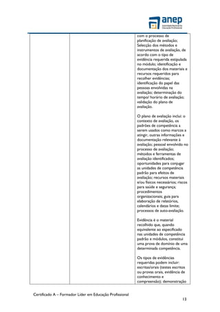 Certificado A – Formador Líder em Educação Profissional
13
com o processo de
planificação de avaliação;
Selecção dos métodos e
instrumentos de avaliação, de
acordo com o tipo de
evidência requerida estipulada
no módulo; identificação e
documentação dos materiais e
recursos requeridos para
recolher evidências;
identificação do papel das
pessoas envolvidas na
avaliação; determinação do
tempo/ horário de avaliação;
validação do plano de
avaliação.
O plano de avaliação inclui: o
contexto de avaliação, os
padrões de competência a
serem usados como marcos a
atingir, outras informações e
documentação relevante à
avaliação; pessoal envolvido no
processo de avaliação;
métodos e ferramentas de
avaliação identificados;
oportunidades para conjugar
as unidades de competência
padrão para efeitos de
avaliação; recursos materiais
e/ou físicos necessários; riscos
para saúde e segurança;
procedimentos
organizacionais; guia para
elaboração de relatórios,
calendários e datas limite;
processos de auto-avaliação.
Evidência é o material
recolhido que, quando
equivalente ao especificado
nas unidades de competência
padrão e módulos, constitui
uma prova de domínio de uma
determinada competência.
Os tipos de evidências
requeridas podem incluir:
escritas/orais (testes escritos
ou provas orais, evidência de
conhecimento e
compreensão); demonstração
 
