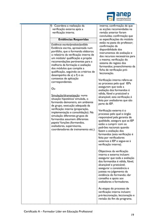 Certificado A – Formador Líder em Educação Profissional
19
f) Coordena a realização da
verificação externa após a
verificação interna.
interna; confirmação de que
as acções recomendadas na
revisão anterior foram
concluídas; confirmação que
as especificações do módulo
estão na pasta do professor;
confirmação da
disponibilidade dos
instrumentos de avaliação e
dos recursos necessários para
a mesma; verificação do
sistema de registo dos
formandos; preenchimento da
ficha de verificação pré-
leccionação.
Verificação interna refere-se
ao processo pelo qual IEPs
asseguram que toda a
avaliação dos formandos é
válida, fiável e praticável e
alcançável; esta verificação é
feita por avaliadores que são
parte da IEP.
Verificação externa é o
processo pelo qual o órgão
responsável pela garantia de
qualidade, assegura que as IEP
estão a cumprir com os
padrões nacionais quando
fazem a avaliação dos
formandos (esta verificação é
feita por verificadores
externos à IEP e segue-se à
verificação interna).
Objectivos da verificação
interna e externa incluem:
assegurar que toda a avaliação
dos formandos é válida, fiável,
alcançável e praticável;
assegurar a consistência e
justeza no julgamento da
evidência do formando; dar
conselho e apoio aos
avaliadores e formadores.
As etapas do processo de
verificação interna incluem:
pré-leccionação, leccionação e
revisão do fim do programa.
Evidências Requeridas
Evidência escrita/produto/porfolio
Evidência escrita, apresentada num
portfólio, que o formando elaborou
o relatório da verificação interna de
um módulo/ qualificação e propõe
recomendações pertinentes para a
melhoria da formação e avaliação
dos módulos que compõe a
qualificação, seguindo os critérios de
desempenho de a) a f) e os
contextos de aplicação
correspondentes.
Ou
Simulação/dramatização: numa
situação hipotética/ simulada, o
formando demonstra, em ambiente
de grupo, execução adequada da
verificação interna (preparação,
implementação e consolidação). Na
simulação diferentes grupos de
formandos assumem diferentes
papeis/ funções (formandos,
avaliadores, supervisores,
coordenadores de treinamento etc.).
 