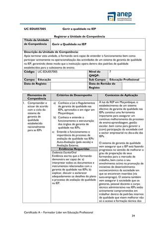 Certificado A – Formador Líder em Educação Profissional
34
UC EDU057005 Gerir a qualidade na IEP
Registrar a Unidade de Competência
Título da Unidade
de Competência Gerir a Qualidade na IEP
Descrição da Unidade de Competência:
Após terminar esta unidade, o formando será capaz de entender o funcionamento bem como
participar activamente na operacionalização das actividades de um sistema de garantia de qualidade
na IEP, garantindo deste modo que a instituição opera dentro dos padrões de qualidade
estabelecidos para o subsistema de ensino.
Código: UC EDU057005 Nível do
QNQP:
7
Campo: Educação Sub Campo: Educação Profissional
Data de Registo: Data de Revisão do
Registo:
Elementos de
Competência
Critérios de Desempenho Contextos de Aplicação
1. Compreender e
actuar de acordo
com o ciclo do
sistema de
garantia de
qualidade
estabelecido
nacionalmente
para as IEPs
a) Conhece a Lei e Regulamentos
de garantia de qualidade nas
IEPs, aprovados e em vigor em
Moçambique;
b) Conhece e entende o
funcionamento e estruturação
dos órgãos de garantia de
qualidade nas IEPs;
a) Entende o funcionamento e
importância do processo de
avaliação de qualidade nas IEPs:
Auto-Avaliação (pela escola) e
Avaliação Externa.
À luz da REP em Moçambique, o
estabelecimento de um sistema
efectivo de garantia de qualidade nas
IEPs constitui uma ferramenta
importante para assegurar um
contínuo melhoramento do processo
de ensino-aprendizagem, gestão
escolar, bem como para garantir a
(com) participação da sociedade civil
e sector empresarial no dia-a-dia das
IEPs.
O sistema de garantia de qualidade
vem assegurar que a IEP está fazendo
progressos no sentido de melhorar o
grau de preparação de seus
formandos para o mercado de
trabalho, bem como o seu
envolvimento activo na promoção de
iniciativas de desenvolvimento
socioeconómico da sociedade em
que se encontram inseridos (via
auto-emprego). O sistema também
vem assegurar à sociedade que os
gestores, pessoal docente e corpo
técnico administrativo nas IEPs estão
activamente comprometidos em
trabalhar dentro de padrões internos
de qualidade que visem melhorar não
só o acesso e formação técnica dos
Evidências Requeridas
Evidencia Escrita/Oral
Evidência escrita que o formando
demonstra ser capaz de: a)
interpretar todos os documentos e
instrumentos relacionados com a
garantia de qualidade nas IEPs; b)
explicar, discutir e esclarecer
adequadamente os detalhes do plano
e processo de avaliação de qualidade
na IEP.
 