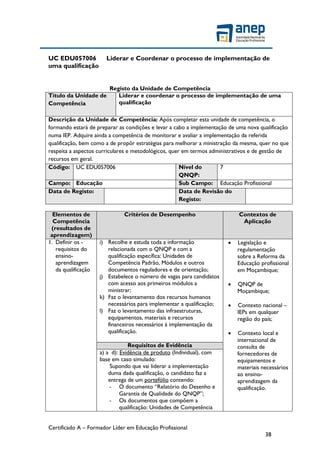 Certificado A – Formador Líder em Educação Profissional
38
UC EDU057006 Liderar e Coordenar o processo de implementação de
uma qualificação
Registo da Unidade de Competência
Título da Unidade de
Competência
Liderar e coordenar o processo de implementação de uma
qualificação
Descrição da Unidade de Competência: Após completar esta unidade de competência, o
formando estará de preparar as condições e levar a cabo a implementação de uma nova qualificação
numa IEP. Adquire ainda a competência de monitorar e avaliar a implementação da referida
qualificação, bem como a de propôr estratégias para melhorar a ministração da mesma, quer no que
respeita a aspectos curriculares e metodológicos, quer em termos administrativos e de gestão de
recursos em geral.
Código: UC EDU057006 Nível do
QNQP:
7
Campo: Educação Sub Campo: Educação Profissional
Data de Registo: Data de Revisão do
Registo:
Elementos de
Competência
(resultados de
aprendizagem)
Critérios de Desempenho Contextos de
Aplicação
1. Definir os -
requisitos do
ensino-
aprendizagem
da qualificação
i) Recolhe e estuda toda a informação
relacionada com o QNQP e com a
qualificação específica: Unidades de
Competência Padrão, Módulos e outros
documentos reguladores e de orientação;
j) Estabelece o número de vagas para candidatos
com acesso aos primeiros módulos a
ministrar;
k) Faz o levantamento dos recursos humanos
necessários para implementar a qualificação;
l) Faz o levantamento das infraestruturas,
equipamentos, materiais e recursos
financeiros necessários à implementação da
qualificação.
 Legislação e
regulamentação
sobre a Reforma da
Educação profissional
em Moçambique;
 QNQP de
Moçambique;
 Contexto nacional –
IEPs em qualquer
região do país;
 Contexto local e
internacional de
consulta de
fornecedores de
equipamentos e
materiais necessários
ao ensino-
aprendizagem da
qualificação.
Requisitos de Evidência
a) a d): Evidência de produto (Individual), com
base em caso simulado:
Supondo que vai liderar a implementação
duma dada qualificação, o candidato faz a
entrega de um portefólio contendo:
- O documento “Relatório do Desenho e
Garantia de Qualidade do QNQP”;
- Os documentos que compõem a
qualificação: Unidades de Competência
 