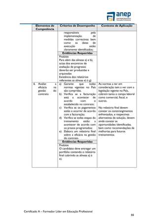 Certificado A – Formador Líder em Educação Profissional
66
Elementos de
Competência
Criterios de Desempenho Contexto de Aplicação
responsáveis pela
implementação de
medidas correctivas bem
como as datas de
execução estão
claramente identificados;
Evidências Requeridas
Produtos
Para além das alíneas a) e b),
actas dos encontros de
avaliação de progresso
deverão ser produzidas e
arquivadas
Existência dos relatórios
referentes as alíneas e) à g)
6. Avaliar a
eficácia na
gestão do
contrato
a) Garante que todas
normas vigentes no País
são cumpridas.
b) Verifica se a facturação
está a acontecer de
acordo com o
estabelecido no contrato;
c) Verifica se os pagamentos
estão a ocorrer de acordo
com a facturação;
d) Verifica se todas etapas do
treinamento estão a
acontecer de acordo com
os prazos programados;
e) Elabora um relatório final
sobre a eficácia na gestão
do contrato.
As normas a ter em
consideração tem a ver com a
legislação vigente no País,
cobrem tanto o campo laboral
como comercial, fiscal, e
outros.
No relatório final devem
constar os constrangimentos
enfrentados, e respectivas
alternativas de solução, devem
ainda constar as
oportunidades identificadas,
bem como recomendações de
melhorias para futuros
treinamentos.
Evidências Requeridas
Produtos
O candidato deve entregar um
portfólio contendo o relatório
final cobrindo as alíneas a) à
e).
 