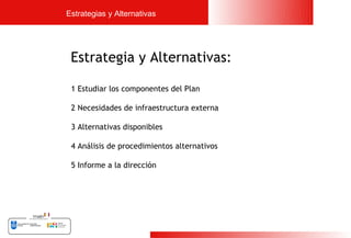 Estrategias y Alternativas




 Estrategia y Alternativas:

 1 Estudiar los componentes del Plan

 2 Necesidades de infraestructura externa

 3 Alternativas disponibles

 4 Análisis de procedimientos alternativos

 5 Informe a la dirección




                                             13
 