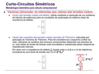 Curto-Circuitos Simétricos
Metodologia sistemática para cálculo computacional
 Vectores (dimensão: n) referentes aos valores das tensões nodais:
 Vector das tensões nodais pré-defeito: obtido mediante a resolução de um problema
de trânsito de potências para as condições de exploração do sistema antes da
ocorrência do defeito
 Vector das variações das tensões nodais (tensões de Thévenin): calculado por
aplicação do Teorema de Thévenin. Para tal considera-se o esquema unifilar da
rede, utilizando os modelos dos diversos componentes referentes aos estudos de
cc, com todas as fontes de tensão curto-circuitadas e substituidas pelas respectivas
impedâncias internas.
Em série com a impedância de defeito Zd ligada entre o nó k e o nó de referência,
considera-se uma fonte de tensão com f.e.m
1
T
T T
k
T
n
V
V V
V
 
 
 
 
  
 
 
 
 
0
1
0 0
0
k
n
V
V V
V
 
 
 
 
  
 
 
 
 
Zd
~ ET=V k
0
k
ET=V k
0
 
